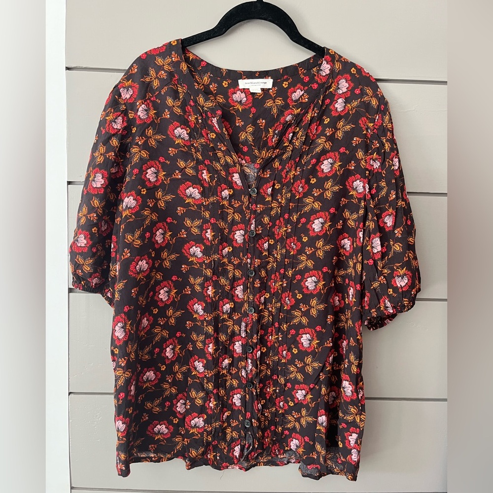 Beachlunchlounge black red floral boho button top‎ bubble sleeve size L EUC